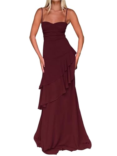 KIRGNT Tiered Prom Dresses 2026 for Women A Line Burgundy Chiffon Spring Wedding Guest Dress Ruffle Maxi Formal Gown US4