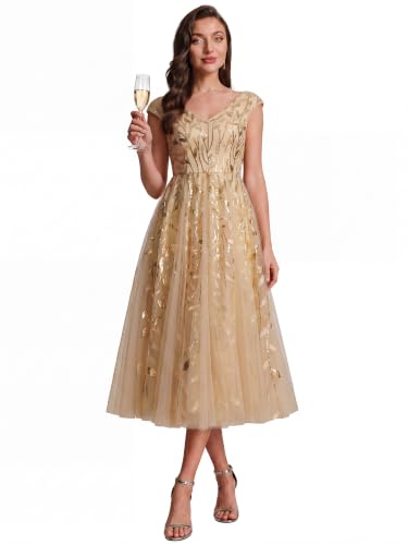 Ever-Pretty Women's Sequin Formal Wedding Guest Dress Midi Cocktail Dress | V-Neck, Cap Sleeves, A-Line, Formal Dresses for Women, Mother of the Bride Dress, Gold, US12