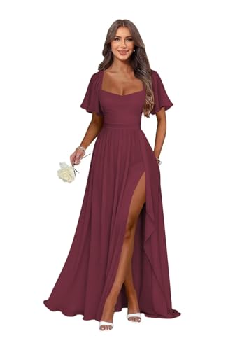 AKMESXAY Classy Chiffon Pleated Short Sleeve Bridesmaid Dresses for Women with Slit A Line Ruffle Floor Length Cowl Neck Semi Mulberry Formal Evening Dresses Size 16