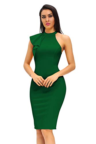 Women's Fashion Ruffle One Shoulder Sleeveless Midi Bodycon Cocktail Party Dress XX-Large Green