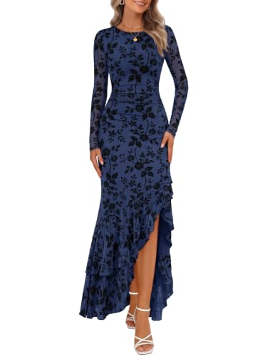 MEROKEETY Women's Fall Wedding Guest Cocktail Maxi Dresses, Navy, S | Long Sleeve, Floral, Boat Neck, Bodycon, Asymmetric Ruffle Hem, Mesh, Sexy High Slit, Bridesmaid, Dinner, 2026 Long Dress