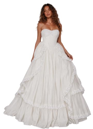 EDECPBM Vintage Formal Dress for Women Strapless Lace A Line Prom Gown