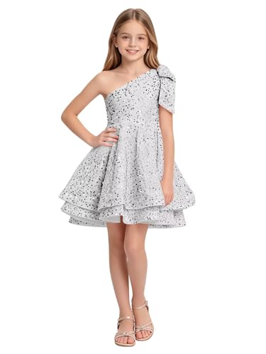 Nuopbb One-Shoulder Bow Junior Bridesmaid Dresses Sparkly Sequin Flower Girl Dress Layered Skirt Silver Mini Formal Prom Graduation Holiday Wedding Party Prom Dance Gown, 18Y