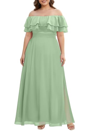 Pinup Fashion Women Plus Size Bridesmaid Dress Sage Green Formal Off Shoulder Wedding Guest Evening Chiffon Ruffle Sleeve Flowy Dress