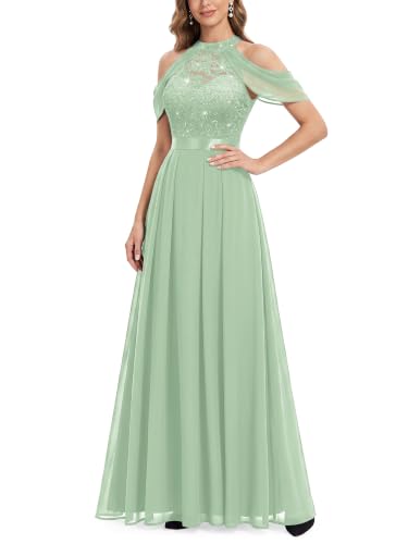 Miusol Women's Classic Lace Sequin Contrast Chiffon Bridesmaid Maxi Dress