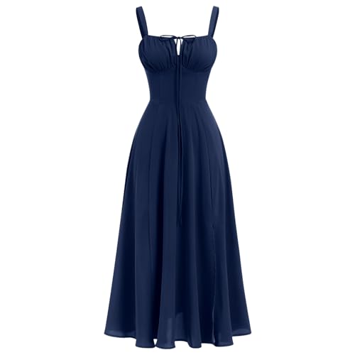 ABEHIK Summer Dress for Women 2024 Floral Corset Dress Boho Flowy Slit Bustier Lace Up Midi Dresses Going Out A Line Casual Sundress Adjustable Spaghetti Straps Bodycon Navy Blue M