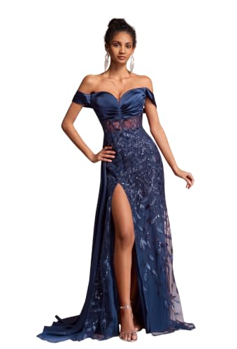 NYXARALUM Formal Prom Dress for Women Banquet Gala Wedding Guest Dresses | Maxi Bodycon Party Gala Night Gown, Off Shoulder Embroidered Sequin Floor Length Lace-up Back Built-in Bra
