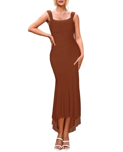SEBOWEL Women Summer Floral Print Long Maxi Dress Sexy Backless Mesh Elegant Sleeveless Formal Wedding Guest Dress,Caramel,XS