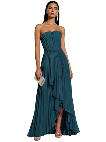 Strapless Pleated Bridesmaid Dresses for Women Hi-Lo Chiffon Formal Gowns