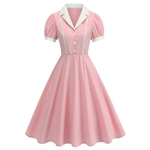 Notch Lapel Collared 50s Dresses for Women Vintage 1950s Evening Gown Short Puff Sleeve Audrey Hepburn Rockabilly Prom Tea Party Cocktail Swing Dress Buttons up Retro 50's Themed HOCO Dress Pink XXL