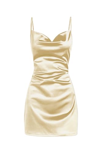 ZAFUL Women's Satin Sleeveless Spaghetti Strap Mini Dress Sexy Slip Cowl Neck Silky Cocktail Party Dresses(Gold, S)