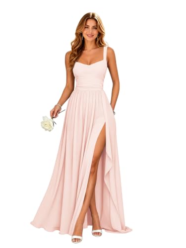 Muchenus Square Neck Women's Bridesmaid Dresses Ruffle Pleats Chiffon Long Formal Wedding Guest Dress with Slit Blushing Pink US6