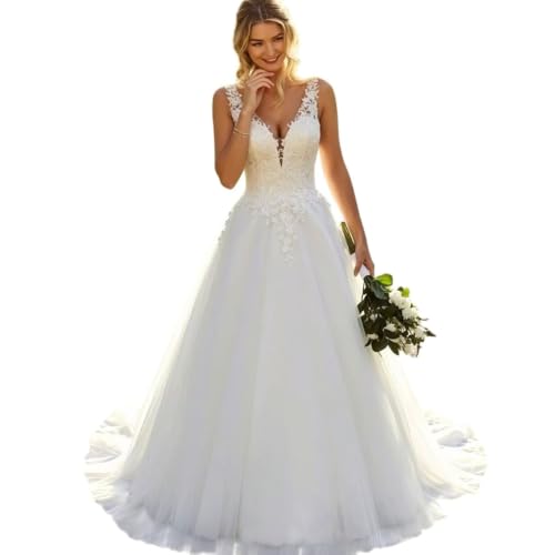 Bridal Dress for Women 2026 Spaghetti Straps V Neck Wedding Guest Dresses for Women Lace Appliques Sexy Formal Dress Tulle Gorgeous Evening Gown A Line Bridal Ball Gowns White US16
