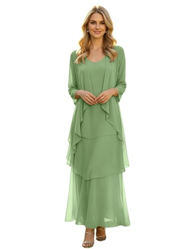 3/4 Sleeve Mother of The Bride Dresses for Women 2 Pieces Chiffon Mother of The Groom Dresses with Jacket Tea Length A Line Semi Formal Evening Party Ball Gown for Women Round Neck Dusty Sage US14