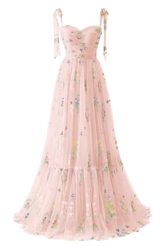 Maxianever Flower Embroidery Tulle Dress Floral Prom Dress Pink 4 | Sweetheart A-Line Formal Evening Gowns