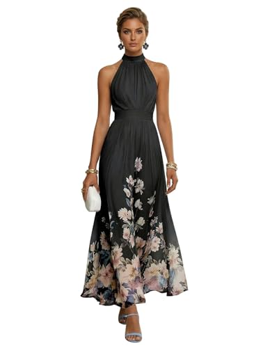RYANTH Black Halter Mother of The Bride Dresses for Women Long Pleated Prom Dress A Line Printed Flower Chiffon Ruched Formal Dress Size 4