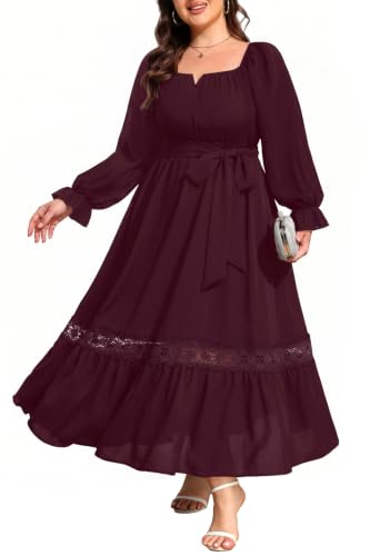 Talisea Plus Size Wedding Guest Dress Fall Long Sleeve Burgundy Long Dress