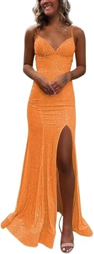 Orange Sparkly Sequin Prom Dress with Slit Mermaid Formal Dress Corset Backless Evening Gowns Party Dress 2
