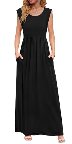 DB MOON Womens 2026 Maxi Dresses Empire Waist Casual Summer Long Sun Dress Cap Short Sleeve Sundress with Pockets XL, Black 01
