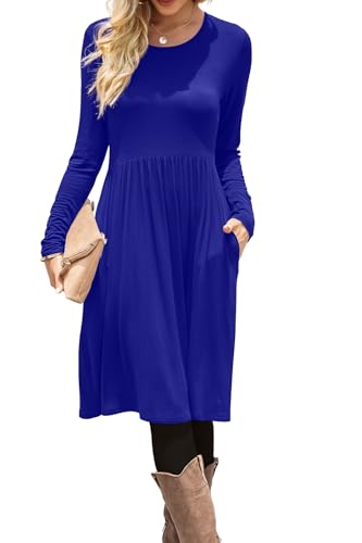 DB MOON Women Casual Long Sleeve Dresses Empire Waist Loose Dress with Pockets (Royal Blue, L)