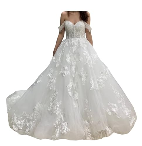 OnsmO Special Events Appliques Sweetheart Princess Women Ball Gown Wedding Dresses for Brides with Long Train Ivory