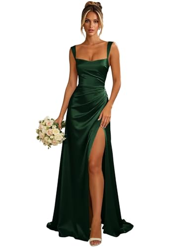 Jalunian Emerald Green Bridesmaid Dresses 2026 Long Silk Satin Corset Formal Dress for Women with Slit Ruched Bodycon Maxi Prom Gown 2