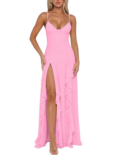 BORIFLORS Women's Sexy V Neck Spaghetti Strap Vacation Maxi Dress,XS,Pink