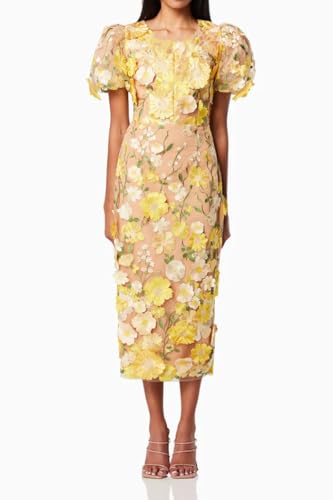 NeeMee Women's 3D Floral Embroidery Dress Ruffle Sleeve Fishtail Lace Bodycon Party Cocktail Mini Dress (US, Alpha, X-Large, Regular, Regular, Yellow)