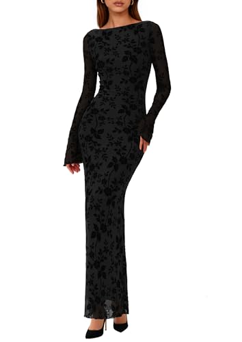 PRETTYGARDEN Women's Floral Bodycon Maxi Dress Wedding Guest Dresses Black