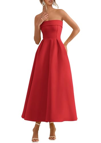PRETTYGARDEN Cocktail Dresses for Women 2026 Summer Formal Elegant Tube Top Strapless Spring Wedding Guest Party Midi Dress(Red,X-Small)
