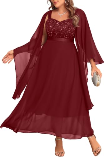Plus Size Wedding Guest Dress Fall Formal Mother Dress with Shawl Burgundy