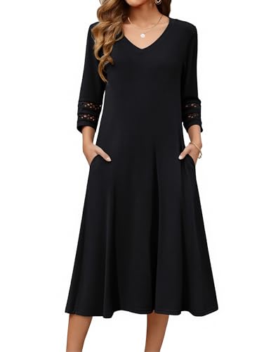 Zeagoo Black Dress Mid Length with Sleeves Casual Dress for Women