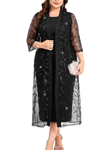 Sassique Plus Size 2 Piece Dress Suit with Sequin Sheer Cardigan Formal Wedding Guest Evening Mother of the Bride Outfit, Black, 2X