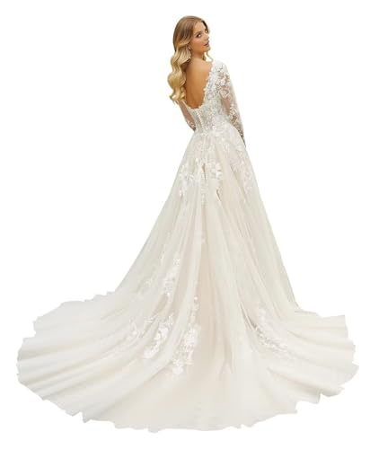 Vintage Long Sleeve Wedding Dresses for Bride Lace Appliques V Neck Tulle A Line Long Wedding Gown for Women 2026 Ivory 10