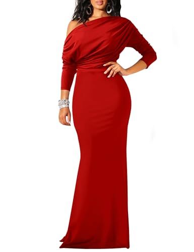 YMDUCH Women's Long Sleeve Off Shoulder Mermaid Long Formal Dress Red