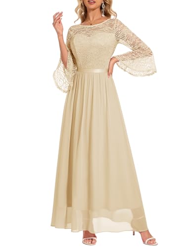 Wedtrend Women's Bridesmaid Dresses, 3/4 Flared Sleeves Bridal Dress Floral Lace Chiffon Wedding Party Gown WT0314ChampagneXS