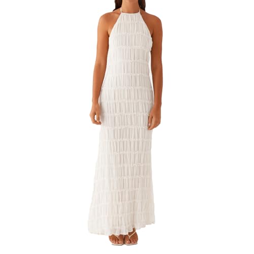 ABYOVRT Women Backless Dress Sleeveless Textured Halter Open Back Maxi Dresses Vacation Wedding Guest (White,S)