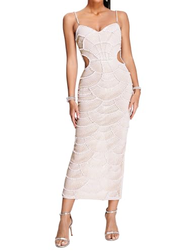 BELLA BARNETT White Pearl Spaghetti Strap Garden Party Cutout Sequin Corset Cocktail Ruffle Elegant Maxi Evening Dress