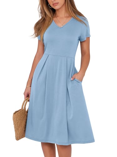 ANRABESS Women Summer Casual Short Sleeve A Line Midi Dresses with Pocket | V Neck Knee Length Pleated Flowy Slim Fit, Casual Business Office Work Teacher Wear, Church Funeral Wedding Guest Outfits