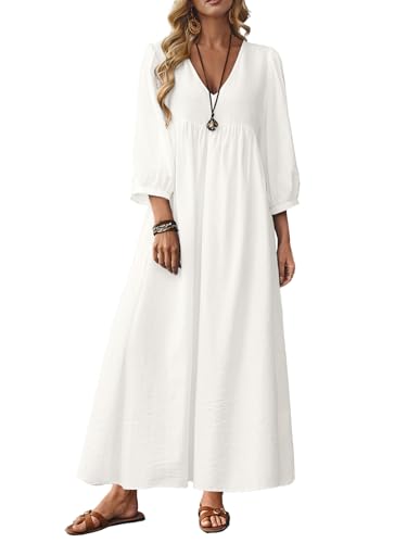 Celmia Cotton Dress Women Summer Boho 3/4 Sleeve Linen Maxi Dress White L