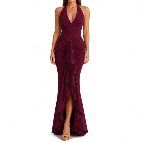 GUCURIN Women Halter Maxi Dress Ruched Bodycon Ruffle Cocktail Birthday Dress S,Wine