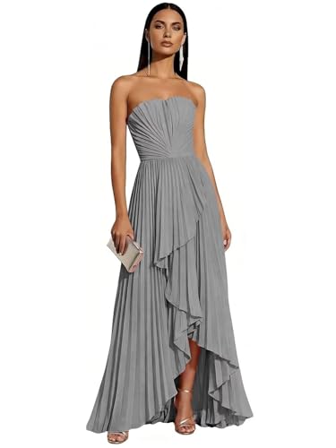 Strapless Pleated Bridesmaid Dresses for Women Hi-Lo Chiffon Formal Gowns