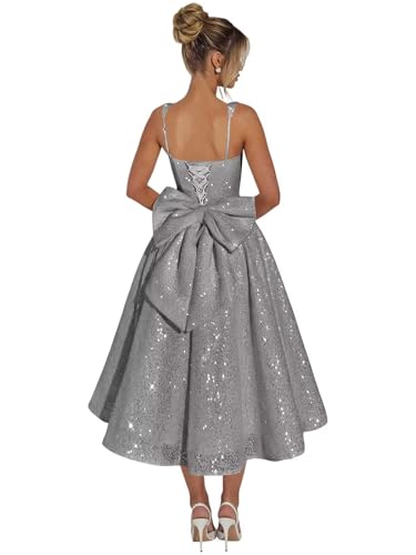 Grey Prom Dress Sequin Spaghetti Strap Sparkly Wedding Guest Dress for Women 2026 Tea Length Square Neck Ball Formal Evening Gown with Bow Size 8 Grey