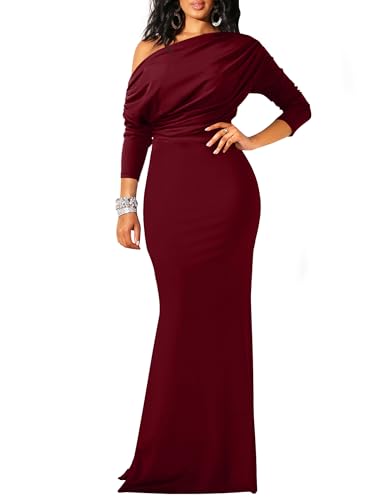 YMDUCH Women's Long Sleeve Off Shoulder Mermaid Long Formal Dress WineRed | Bodycon,Elegant,Evening,Cocktail,Maxi,Wedding Guest,Bridesmaid ,Party,Stretchy,Fitted,Slim,Plus Size,Solid