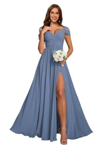 Chiffon Off Shoulder Pleated Long Steel Blue Bridesmaid Dresses 2026