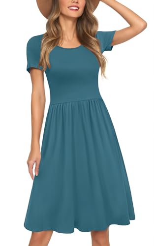AYIFU Womens Empire Waist Dresses Casual Summer Dress (Lake Blue, M) | built-in side pockets,short sleeve,empire waist,soft breathable fabric,casual midi length,everyday summer dress