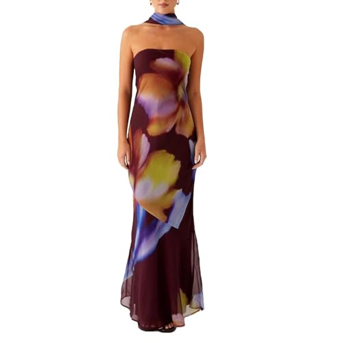 GUCURIN Women Strapless Floral Dress with Sarf Mesh Tube Maxi Dress Summer Cocktail Wedding Guest (M,Purple)