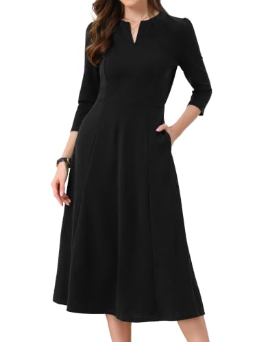 Allegra K Women's 3/4 Sleeve Dresses V Neck Pockets Elegant A-Line Dress Work Business Fall Outfits Large Black