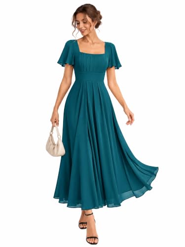 Ever-Pretty Women's Square Neck Chiffon Formal Dress Bridesmaid Dresses | Maxi, Short Sleeve, A Line, Elastic Back, Pleated, Mother of the Bride Dresses, Teal Blue US6