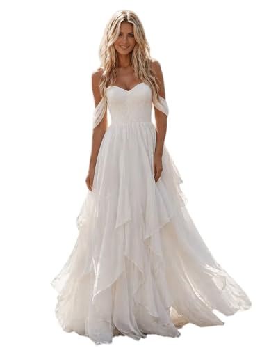 Women's A Line Wedding Dresses with Sweep Train 2026 Chiffon Off Shoulder Bridal Dress Sweetheart Neck Elegant Wedding Gown Ivory US16